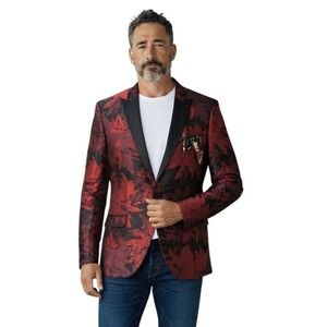 Paisley & Gray Mens Slim Fit Blazer Floral Red Black Tuxedo Dinner Jacket Sz 42R